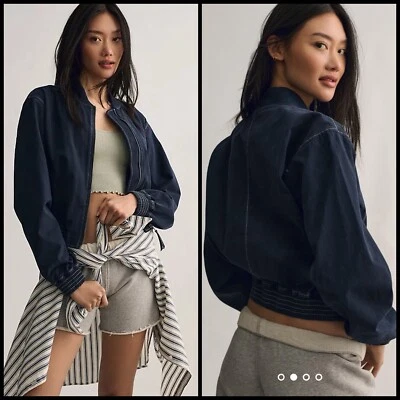 Chaqueta de bombardero recortada de lona Anthropologie Pilcro GRANDE azul marino Foto 1 de 4