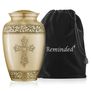 Adult Cremation Funeral Urn for Human Ashes, Gold Etched Cross with Velvet Bag - Picture 1 of 6