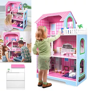 Holz Puppenhaus Kinder Puppenstube mit Möbeln und Zubehör Puppenvilla 3 Etagen - Bild 1 von 12