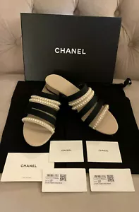 Chanel Mujer 20mm Doble Perla Grosgrain Slide Sandalia Beige Negro Talla 40 ¡¡NUEVA EN CAJA!!! - Imagen 1 de 11