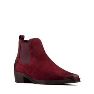 CLARKS ALCINA TOP MERLOT SUEDE PULL ON ANKLE BOOTS. D FITTING. BNIB