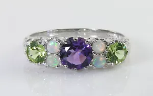 SUFFRAGETTE 9K 9CT WHITE GOLD AMETHYST PERIDOT OPAL ART DECO INS RING FREE SIZE - Picture 1 of 5