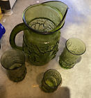 Vintage antique Anchor Hocking Rain Flower green pitcher w/ ice lip + 3 Glasses