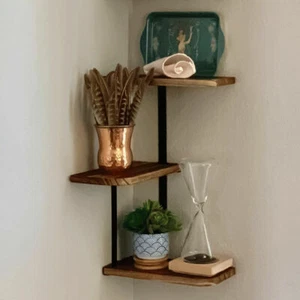 Iron Frame Corner Wall Mounting Shelf 3 Tier Wooden Floating Shelves Plants Rack - Picture 1 of 12