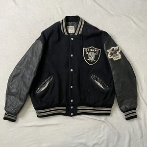 Vintage 80s 90s NFL Raiders Wool Leather Sleeve DeLong Varsity Jacket Medium 18 - Picture 1 of 24