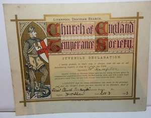 1903 Iglesia de Liverpool Inglaterra Templanza Juvenil Declaración de Sobriedad Certificado - Imagen 1 de 3