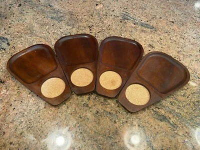 Vtg Mid Century Set 4 Serv Teak Wood Snack Trays Cork Coasters Nice color - Image 1 of 4