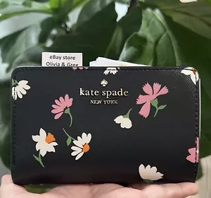 Kate Spade Madison Floral Waltz Printed Medium Compact Bifold Wallet Black Pink - Picture 1 of 7