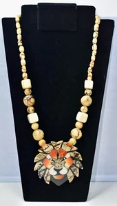 LEE SANDS Hawaiian Coral & Shell Mixed-Media Lion Head Inlaid Statement Necklace - Picture 1 of 13