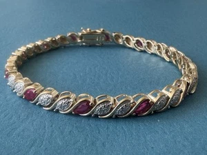 Vintage Designer  .925 Sterling Silver & 9K Gold Ruby Red  Bracelet Size 7.5” - Picture 1 of 13