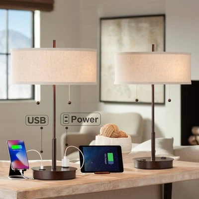 Conjunto de 2 abajures de mesa modernos com USB bronze acento fino para sala de estar quarto - Imagem 1 de 4