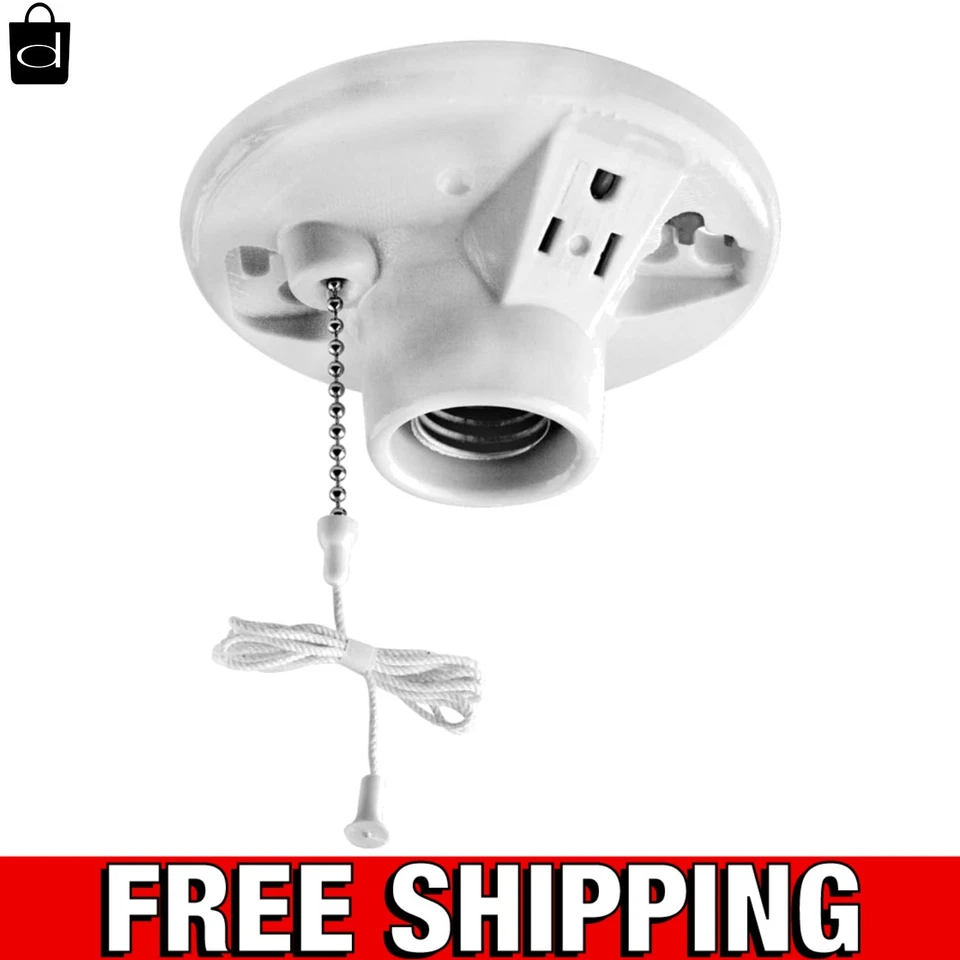 Белый фарфоровый лампочка накаливания с выдвижной цепью - среднее основание - Изображение 1 из 4