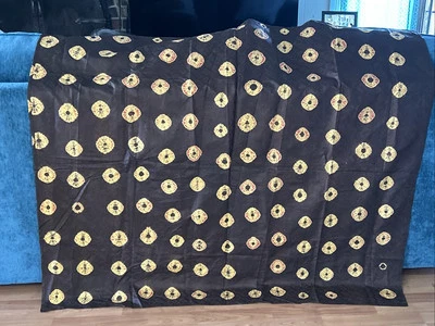 Fabric Brown Damask Hand Stamped With Yellow Orange Round Discs 50” X 54” Square - Image 1 of 4