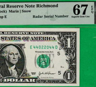 $1  Federal Reserve note RADAR Serial Number  44022044 PMG 67 - Image 1 of 3