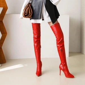 Women Pointed Toes Thin Heels Plus Size Super High Heels Leather Knee High Boots - Picture 1 of 16