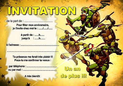 5 - 12 ou 14 cartes invitation anniversaire tortue réf 432