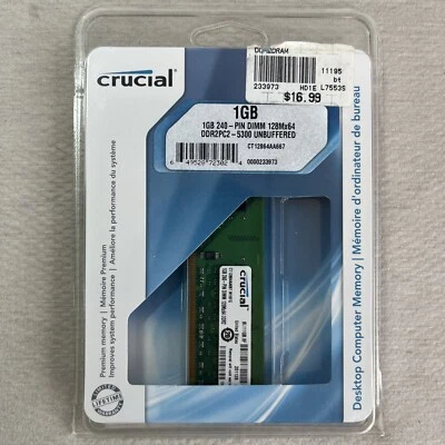 Crucial RAM 1GB DDR2 667  PC2-5300 DDR DIMM CT12864AA667 For Desktop New in Box! - Image 1 of 2