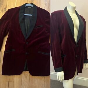 VTG 50's 60's Bloomingdale's SMOKING JACKET tuxedo RED VELVET blazer jacket M