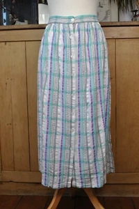 Vintage Cotton Crinkle Skirt Multi Check Print White Purple Blue Size 24 - Picture 1 of 12