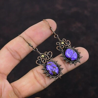 Charoite Wire Wrapped Drop/Dangle Earrings Copper Jewelry For Women 2.36" - Image 1 of 4