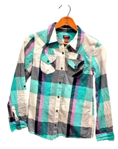 Arizona Jeans Co Girls Button Up Shirt Sparkly Plaid Long Sleeve Pockets Size XL - Picture 1 of 4