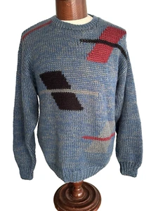 VTG PETER ENGLAND BLUE CREW NECK PULLOVER SWEATER WITH GEOMETRIC DESIGN SZ XL - Picture 1 of 5