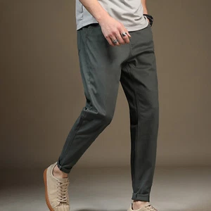Men Cotton Chino Pants Mid Rise Stretchy Cuffed Slim Fit Tapered Fitted Trousers - Picture 1 of 23