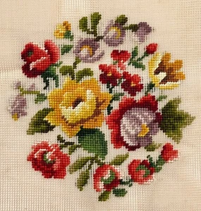 Preworked RED & YELLOW FLOWERS Center Worked Needlepoint Canvas 8" x 8" 3230 - Picture 1 of 2