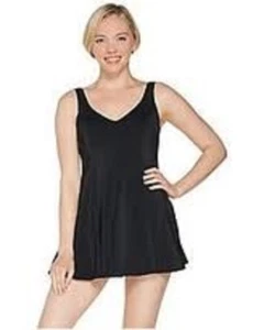 Fit 4 U V-Neck Swing Swim Dress 18W Black A305896 - Picture 1 of 2