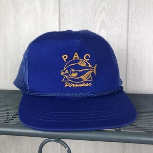 Vintage Trucker Hat Snap Back PAC Pirahnas Blue Mesh Embroidered Adjustable OS - Picture 1 of 7