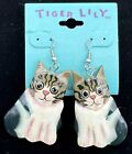 Tiger Lily Hand Painted Cat Pierced ￼Earrings Dangle Tomcat Feline Tabby Twins ￼