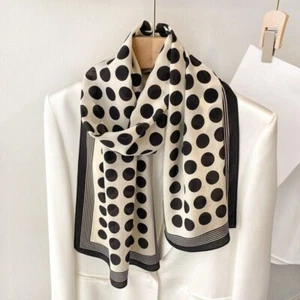 100% Mulberry Silk Crepe Schal Dots Print Halstuch Oblanger Schal Schwarz/Weiß - Bild 1 von 6