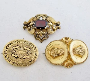 3 antike viktorianische 14K Gelbgold Broschen Anstecknadeln mit Emaille & Granat (22,1 g, 1,6") - Bild 1 von 12