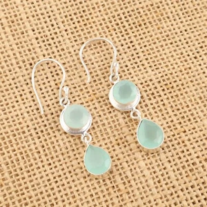 Aqua Chalcedony Gemstone 925 Sterling Silver Handmade jewelry Earring Gift For - Picture 1 of 3
