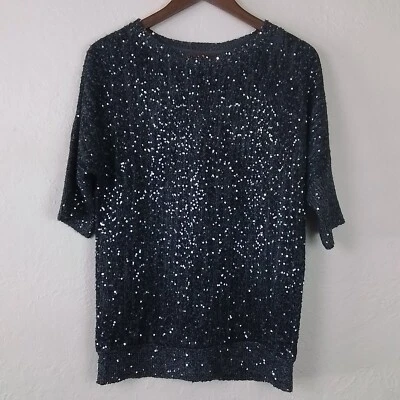 Top de lentejuelas Y2K Etcetera para mujer M negro brillo manga dolman fiesta ropa de noche Foto 1 de 4