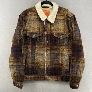 Levis Sherpa gefütterte karierte Cord Trucker Jacke Herren L gelb braun Druckknopf - Bild 1 von 18