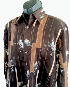 VTG 70s Chemise Et Cie Brown Floral Geo Shirt Disco Dagger Collar M/L 44” Chest - Picture 1 of 8