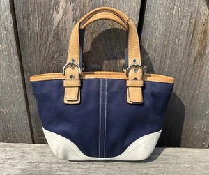 Coach Small Navy & White Tote With Light Leather Handles - Picture 1 of 12