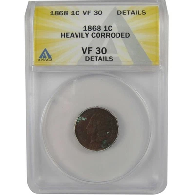 1868 Indian Head Cent VF 30 Details ANACS Penny 1c Coin SKU:I22281 - Image 1 of 4