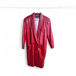 Vintage G-III Red Leather Long Coat Women’s M 80s 90s Double Breasted Jacket  - Picture 1 of 15