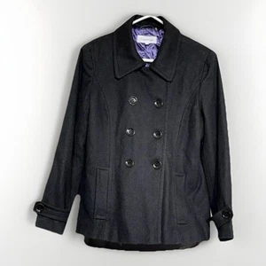 Calvin Klein Black Wool Peacoat Coat Jacket Size 16 Double Breasted Purple Inlay - Picture 1 of 8