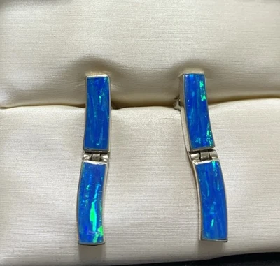 Pendientes colgantes vintage de plata esterlina de ópalo de fuego de México con barra verde azul Foto 1 de 4