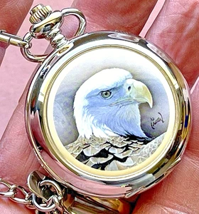 BEAUTIFUL & COLLECTIBLE AL Agnew BALD EAGLE POCKET WATCH Silver Tone & Chain NEW - Picture 1 of 13