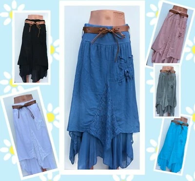 Women's Ladies New Holiday Gypsy Casual Lined Asymmetric Long Cotton Maxi Skirt - Image 1 of 4