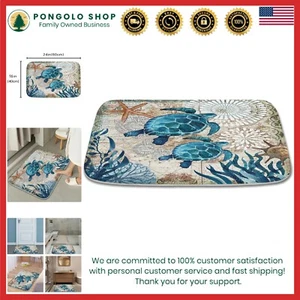 Sea Turtles Nautical Blue Ocean Beach Animals Coral Velvet Bath Rugs Non Slip Sh - Picture 1 of 9