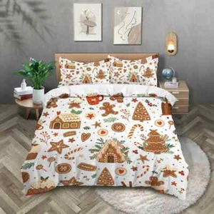 3-teiliges Weihnachts Cottage Lebkuchenmann-Bettbezug Set mit braunem Aufdruck - Bild 1 von 6