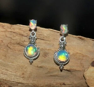 Natural Ethiopian opal cabochon earring studs with sterling silver opal earrings - Picture 1 of 11
