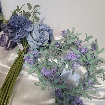 Ashland Blue / Purple Peony Hydrangea Silk Flower Bouquet w/Garland - Image 1 of 4