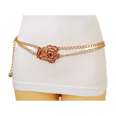 Mujeres Oro Metal Cadena Boda Nupcial Cinturón Cadera Cintura Alta Rojo Flor Dije S M Foto 1 de 4