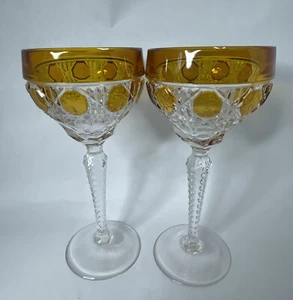 Pair of Crystal Wine Hock Glasses Long Stem Orange Amber Dot Band - Picture 1 of 10